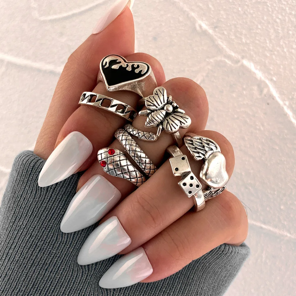 6Pcs Vintage Punk Snake Knuckle Rings Set For Women Retro Butterfly Wing Rings Man Fashion Jewelry Accessories