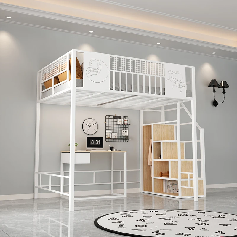 ！@Modern Creative Iron Loft Bed Multifunctional Space-Saving Double/Queen Size Frame with Bed Table for Hotels Small Apartments
