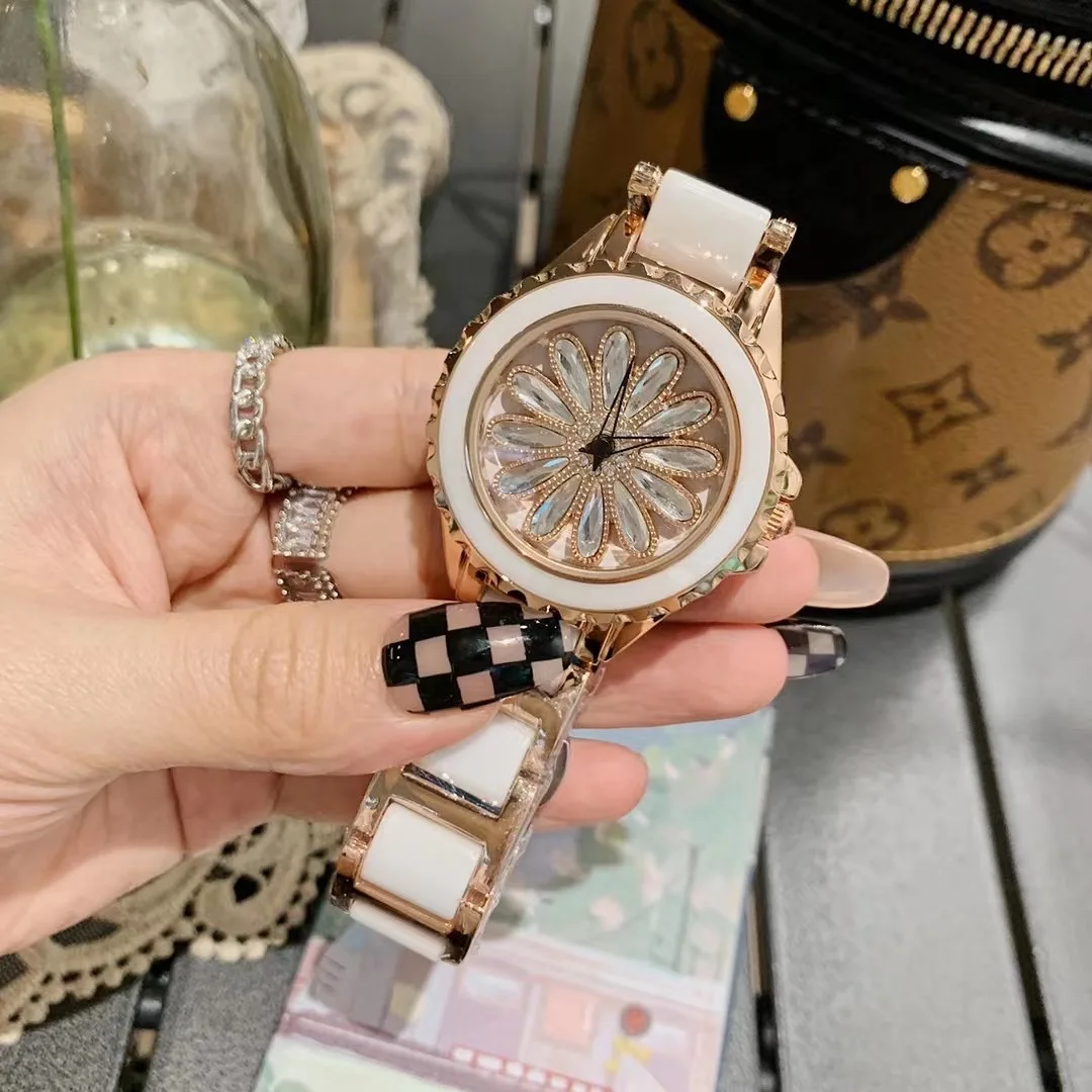 Spinning Daisy Flower Watches Women Blingbling Crystals Wrist watch Big Size Real Ceramic Bracelets Watch Quartz Zircons Clocks