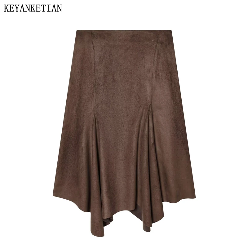 

KEYANKETIAN 2026 Spring New Women's Asymmetrical Suede MIDI Skirt Retro style Elegant Back Zipper High Waist A Line Skirt
