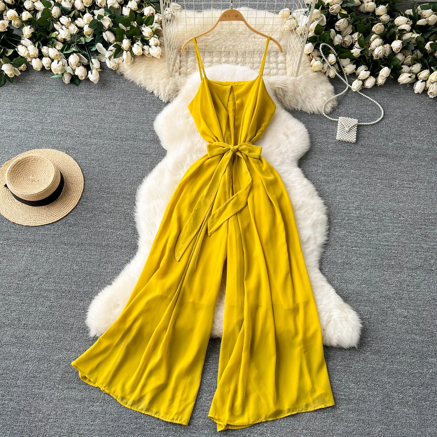 Chic Vintage  off shoulder sleeveless Solid slip Top Jumpsuit Elegant High Waist Casual Wide Leg Pants Summer Women Playsuit