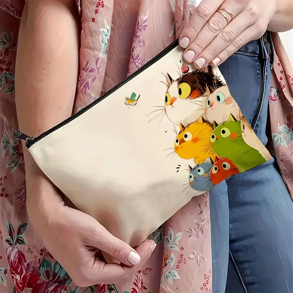 1pc Whimsical Cartoon Cat Makeup Pouch | Polyester Cosmetic Bag with Colorful Cat Illustrations, Perfect Gift for Cat Lovers
