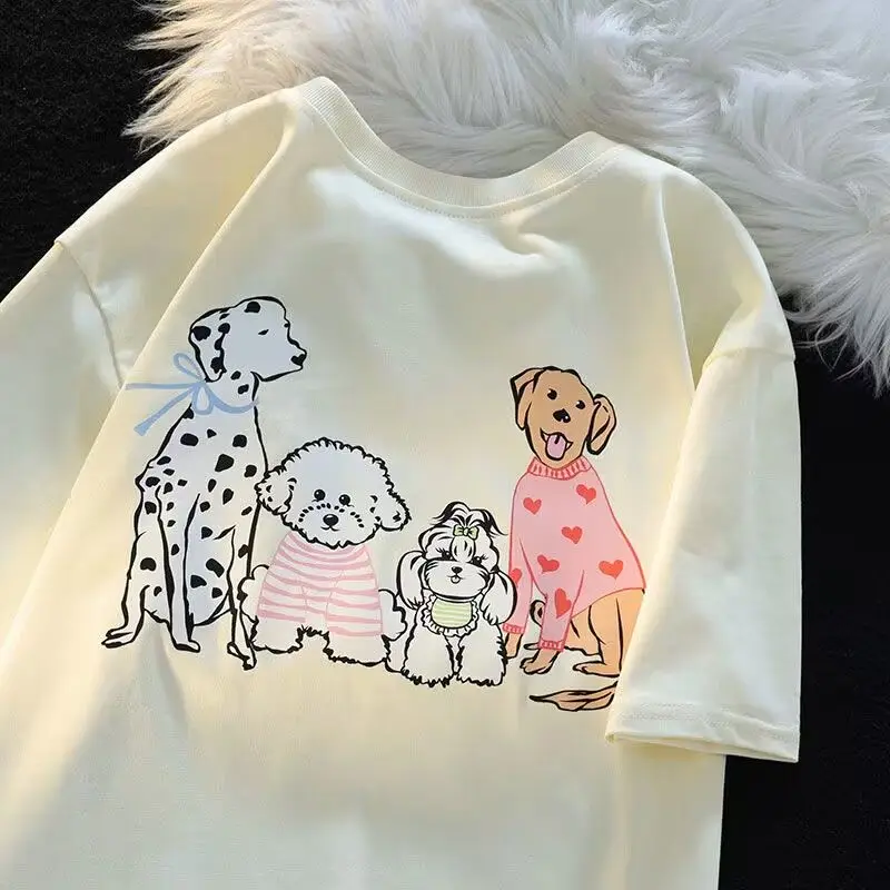 American High Street Vintage Chic Fun Cute Dog Short Sleeve T-shirt Women's Versatile Summer Top