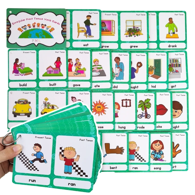 Irregular Verb Flash Card for Kids, Double-Sided Past Tenses Picture Learning Cards with Laminated Rounded Corners for Home F19E
