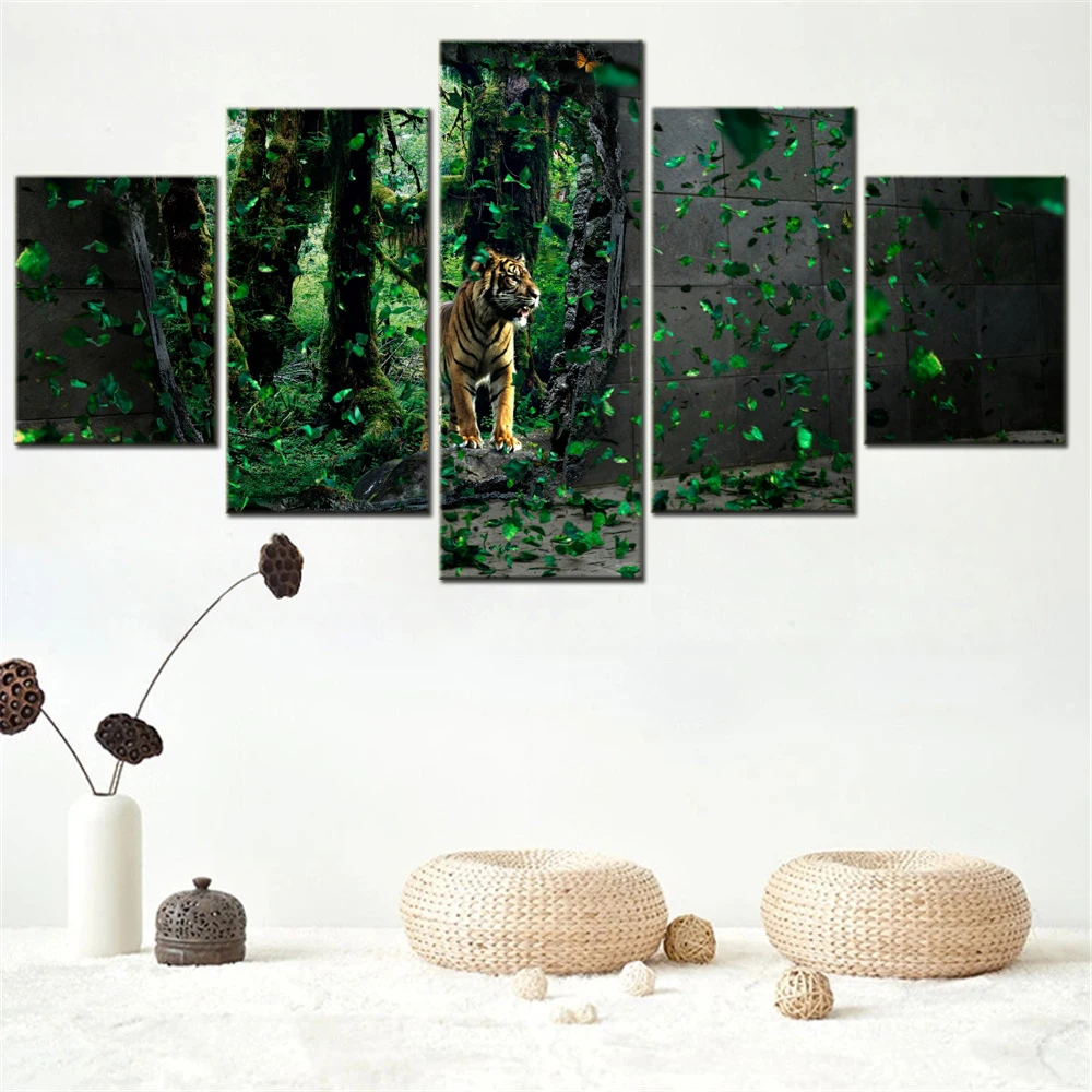 

5 Pieces Canvas Wall Arts Poster Painting Animals Tiger Mystical Forest Wallpaper Home Decor Picture Printing Interior Artwork