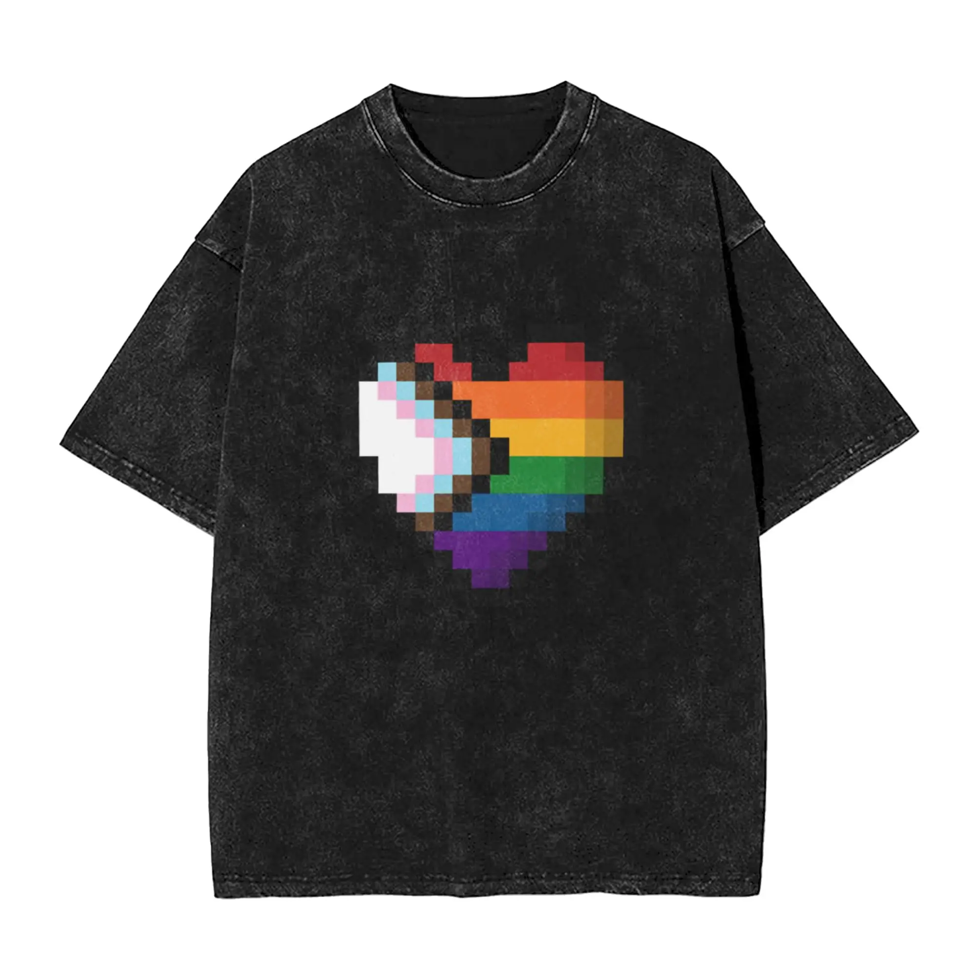 Large Pixel Heart Design in Progressive Rainbow Pride Flag Colors Classic Comfort A Vintage Oversized T-Shirts
