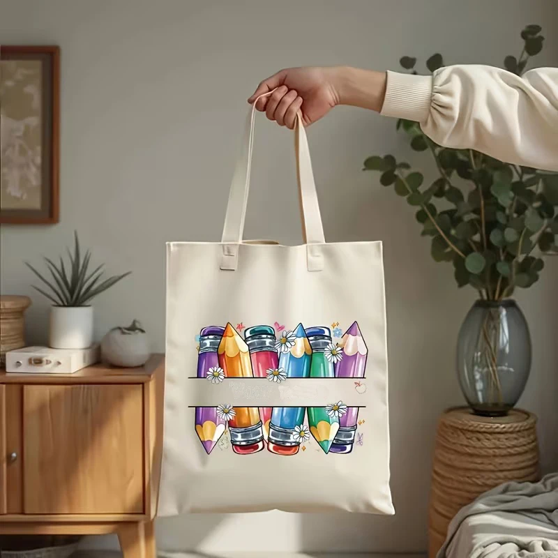 Teach Love Inspire Print Handbags For Women Apple Books Pencil Graphics Tote Bag Fashion Teacher Gift Travel Beach Shoulder Bags