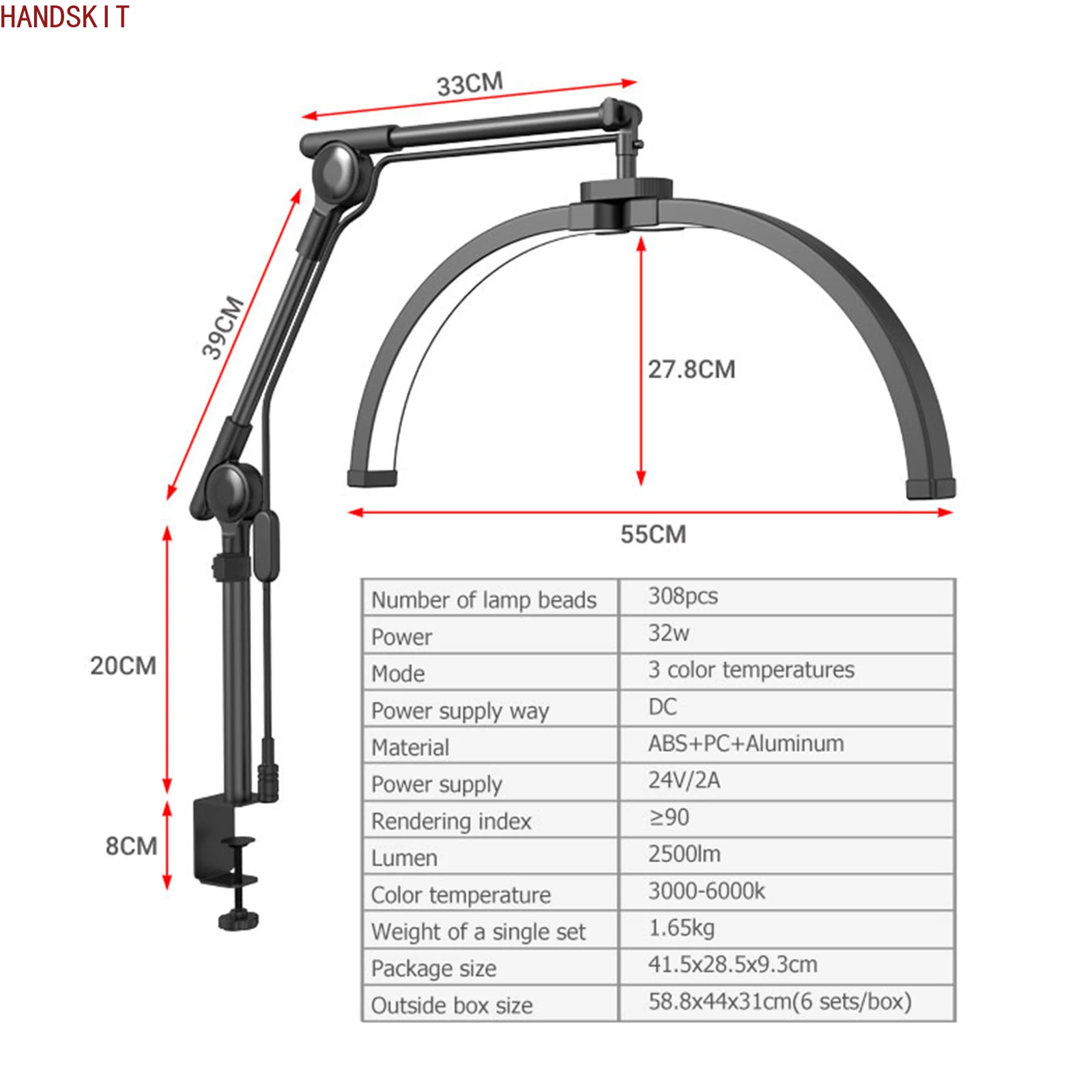 Luz de preenchimento em forma de meia lua cantilever rotativa, beleza e iluminação de unhas, luz de preenchimento de maquiagem bordada, iluminação de escultura artística