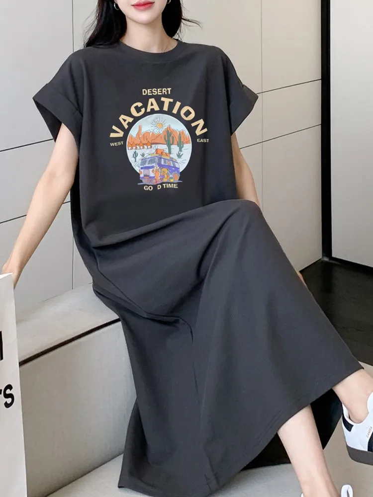 夏ゆるいカジュアルミドル丈Tシャツワンピースレディース膝丈着痩せシンプルスタイル半袖マキシドレス