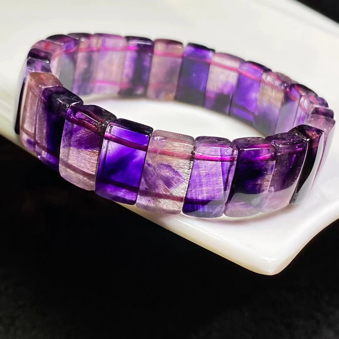 

Natural Purple Super Seven 7 Red Lepidocrocite Quartz Bracelet 13*7*5mm Rutilated Clear Round Beads Women Men AAAAAA