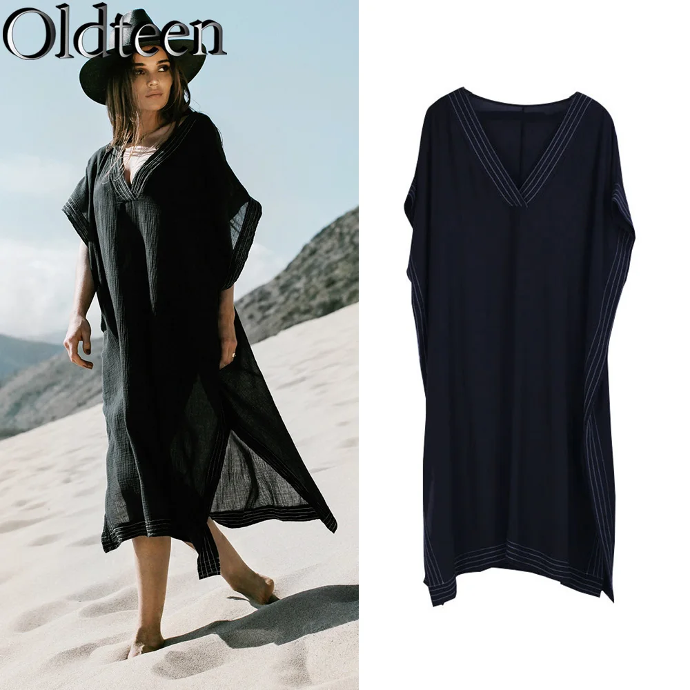 

Hot Selling New Black Wrinkled Fabric With White Thread Loose Fitting Outwear Beach V-neck Long Skirt Bikini Cover Up Swimsuit