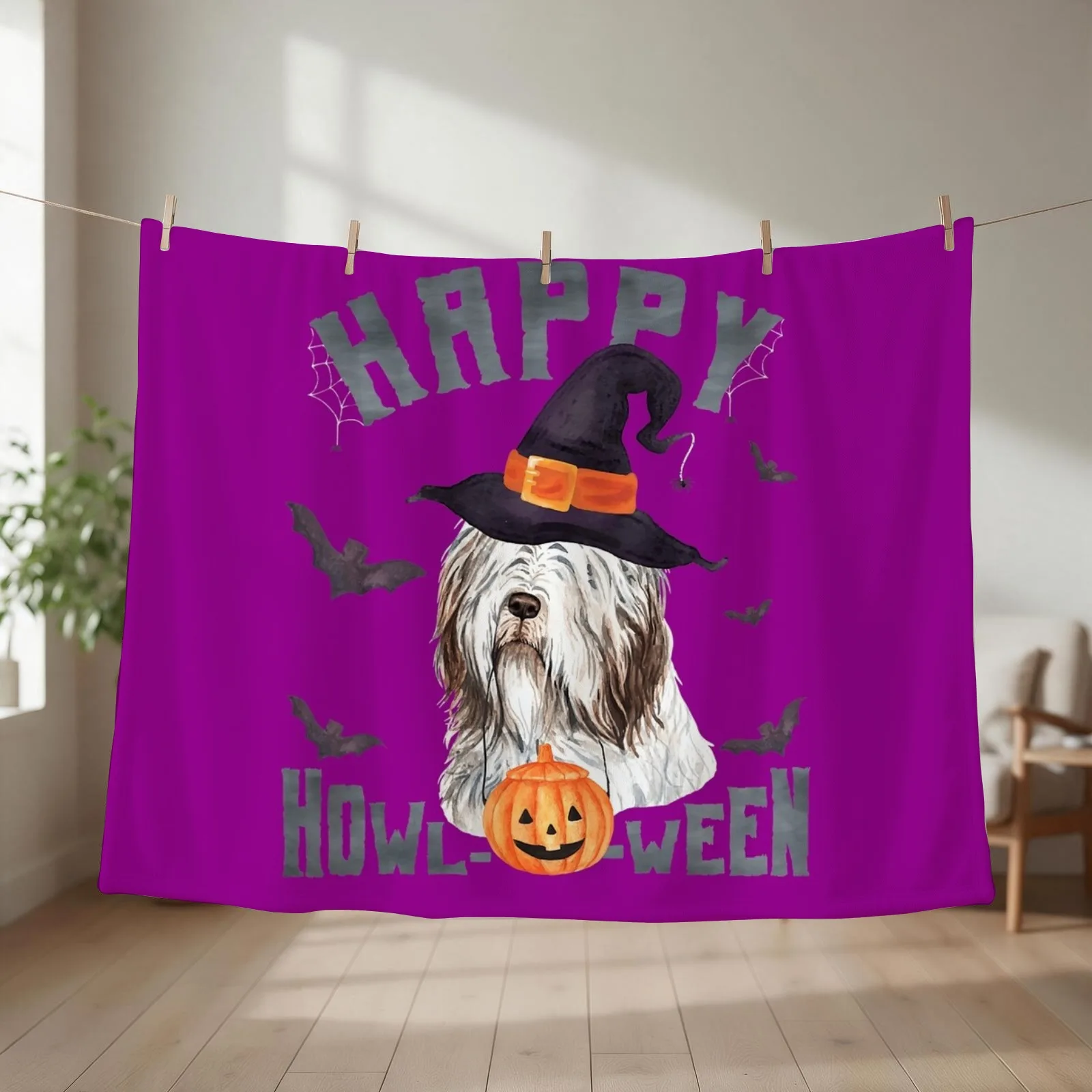 Happy Howloween Bearded Collie Dog Pun Halloween Costume Throw Blanket couch cozy soft plush fuzzy picnic outdoor blanket