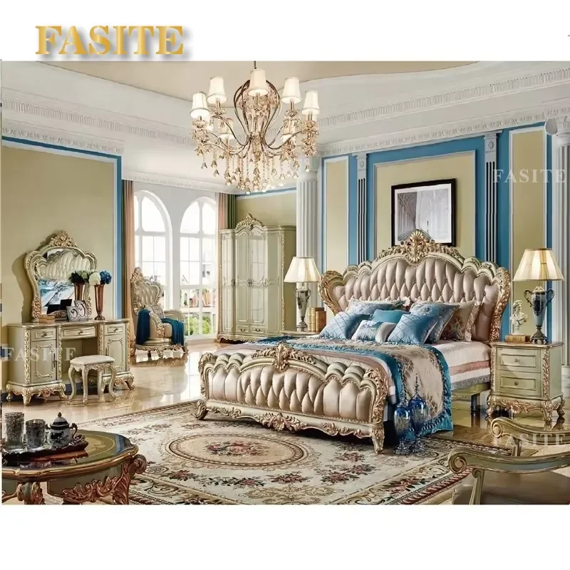 For Luxury European Style Bedroom Furniture Set Antique Gold Solid Wood Royal Design Hotel Home Decor High Quality