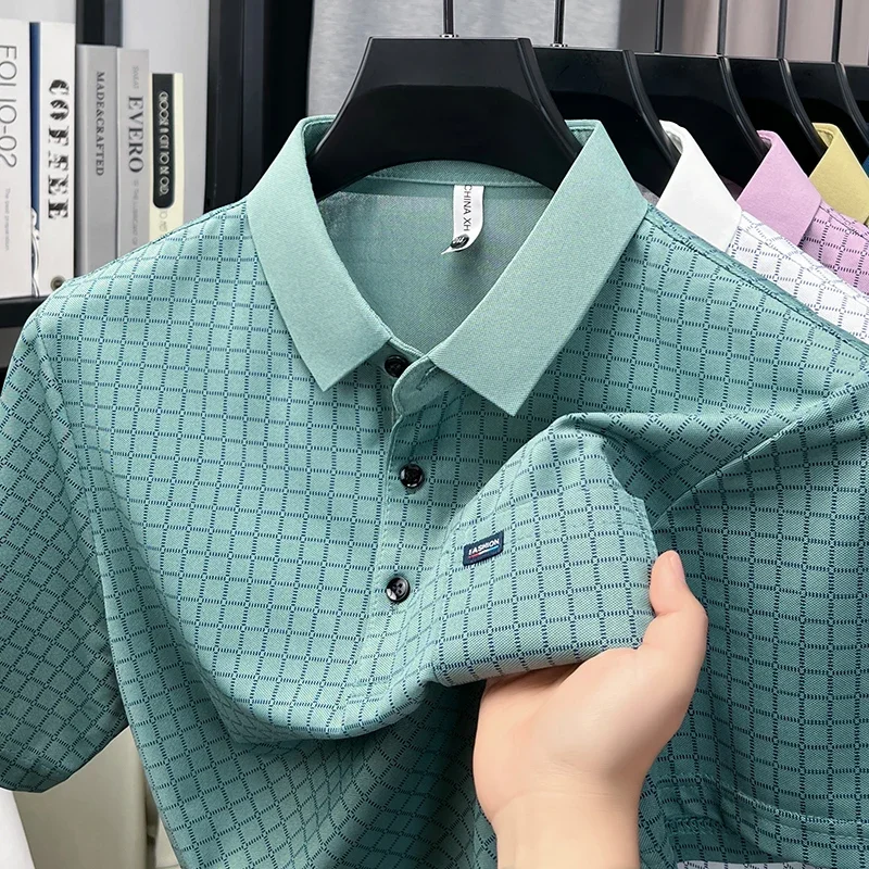 Business daily mens contrast lapel polo t shirt micro lattice print chest pocket sweat resistant cool lightweight basic wear