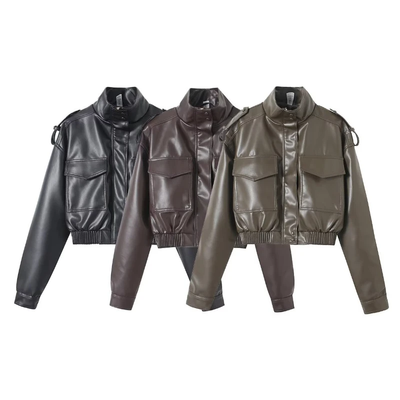 Brown Short Women's Leather Jacket Zipper Slim Solid Faux PU Coats Casual Black Long Sleeve Top Stand Elastic Hem Outerwears New