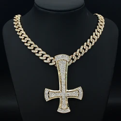Men Women Upside Down Cross Pendant Necklace 11mm Miami Chain HipHop Iced Out Bling Necklaces Fashion Charm Jewelry Gift