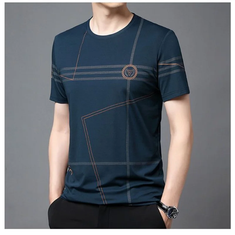 Summer New Men's Round Neck Ice Silk Short Sleeve T-shirt Printing Loose Plus Size Tops Tees Casual Fashion Men Clothing