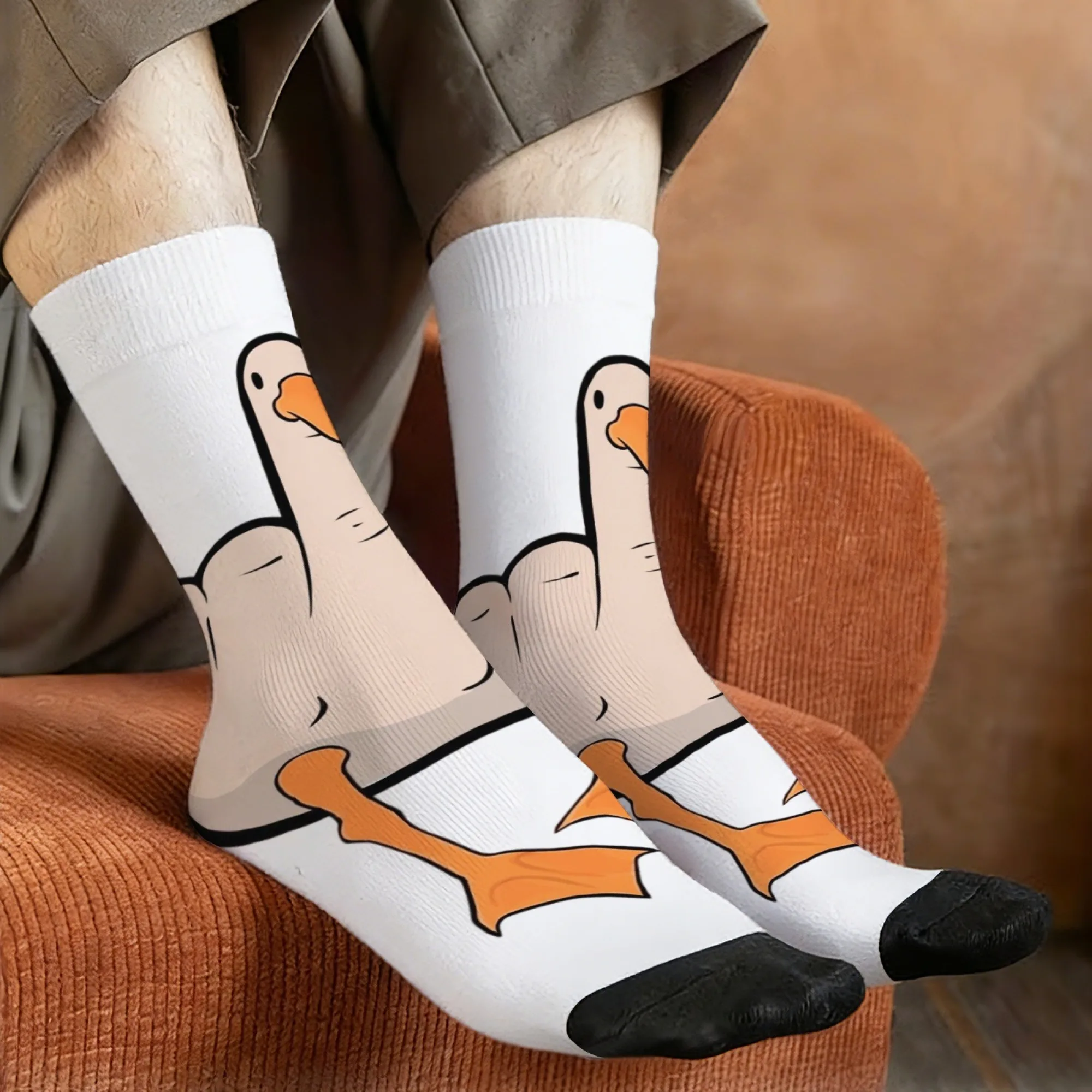 Cartoon Outdoor Socks with Funny Duck Middle Finger Print Design Mid-Calf Length for Sports Enthusiasts Breathable & Stylish