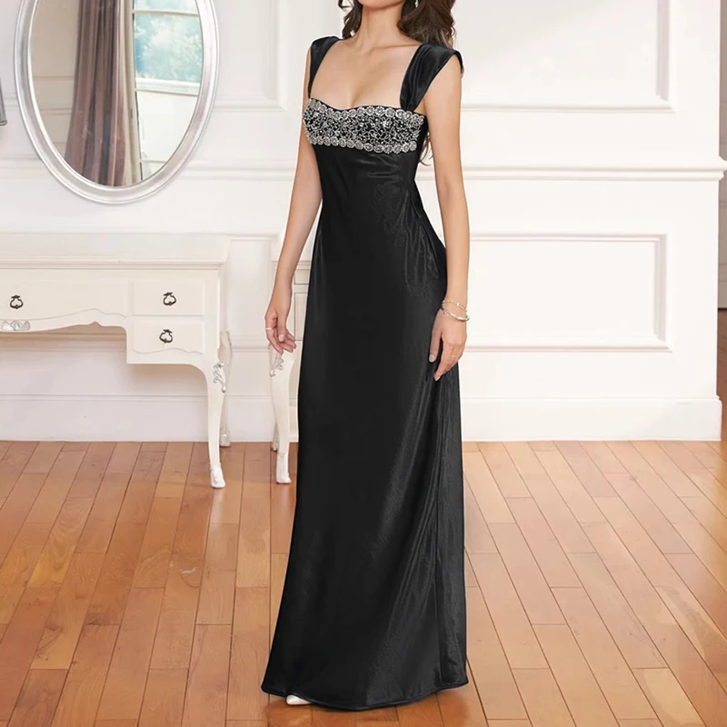Sommerliches neues High-Waist-Party-Maxikleid, modisches, einfarbiges Abendkleid aus Satin mit Strass, sexy Neckholder, ärmellos, schmal geschnitten, Bankettkleid