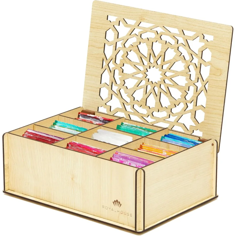 

Premium Wood Hard MDF Tea Storage Box Organizer (White) Friendly MultiFunctional Drative Box 9 Compartments For Assorted Variet