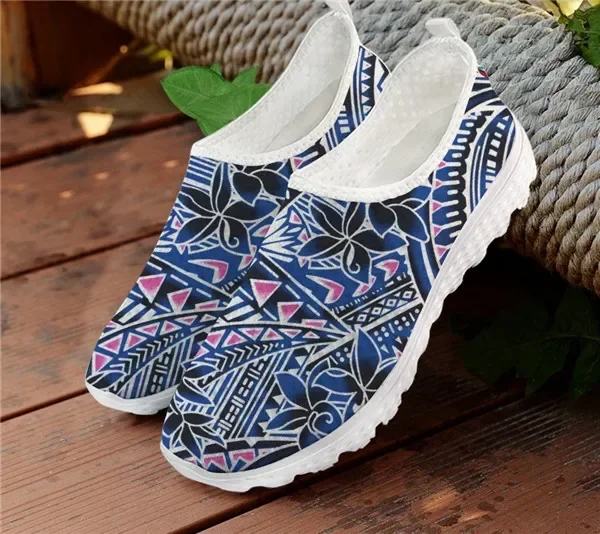 

ELVISWORDS Summer Samoan Women Flats Shoes Woman African Floral Polynesian Plumeria Flower AF Mesh Casual Sneakers for Female