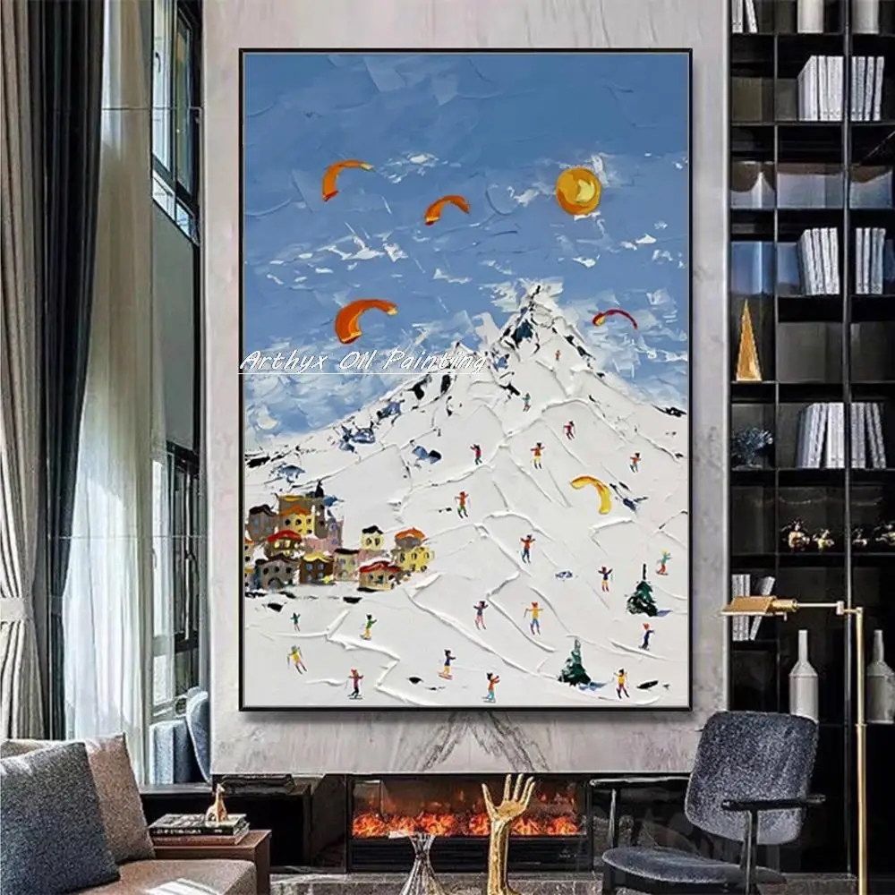 Arthyx Hand-Painted Texture Snow Mountain Oil Paintings On Canvas,Abstract Landscape,Wall Art,Picture For Living Room,Home Decor