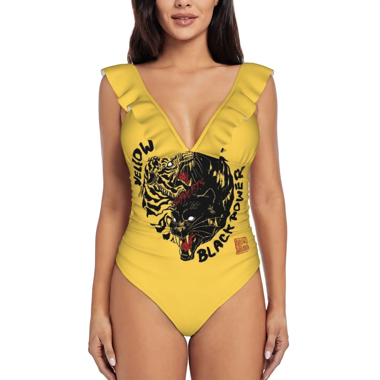 

Yellow Peril Supports Black Power Women Ruffle One Piece Swimsuit Sexy Bodysuit Monokini Swimwear Bathing Suit Black Lives