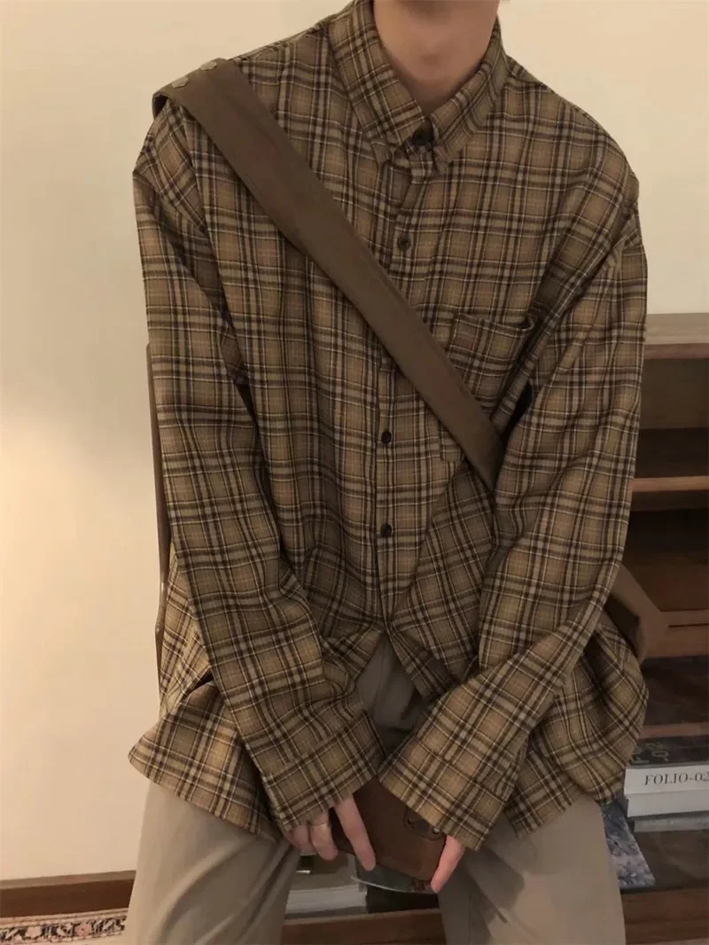 Pop Spring And Autumn Men Retro Matching Coffee Color Checkered Long-sleeved Shirt Japanese Fashion Couple Loose Casual Shirt Co