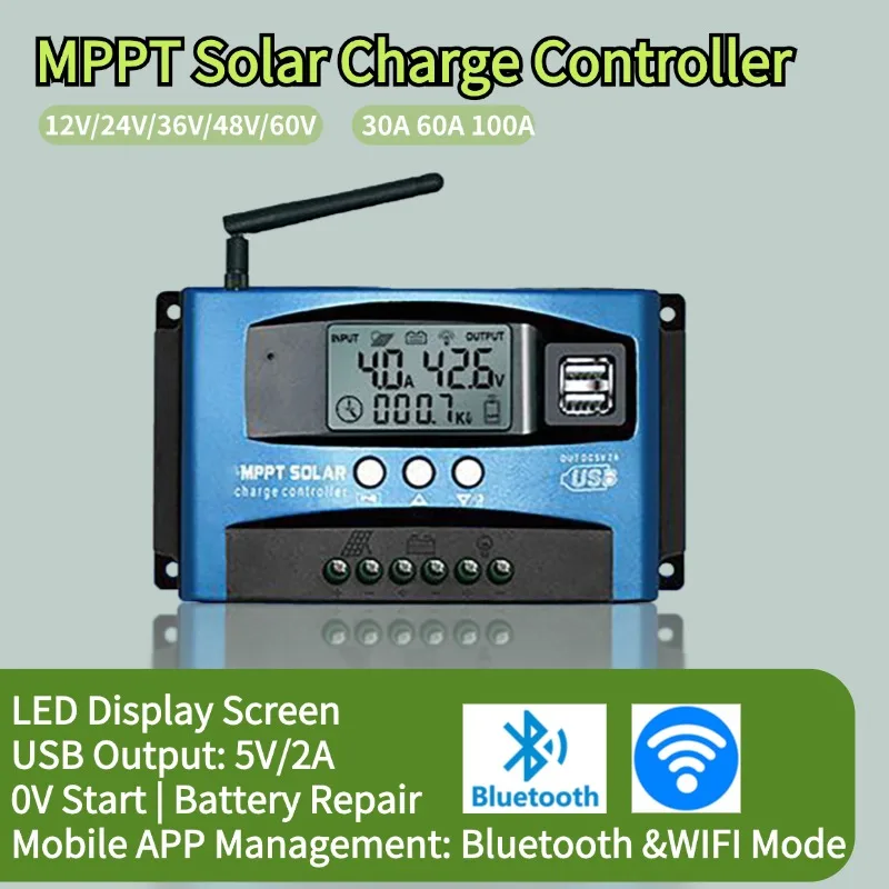 

30A/60A/100A LCD Large Digital Display Bluetooth WIFI Solar Charge Controller 12V/24V/36V/48V/60V Dual USB MPPT Controller