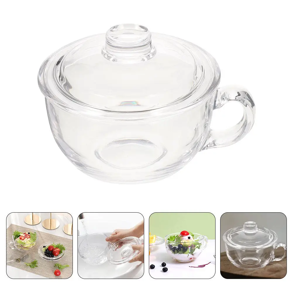 Premium Thick Glass Bowl with Lid and Ergonomic Handle for Hot Cold Foods Soup Cereal Oatmeal Yogurt Noodles Milk Breakfast
