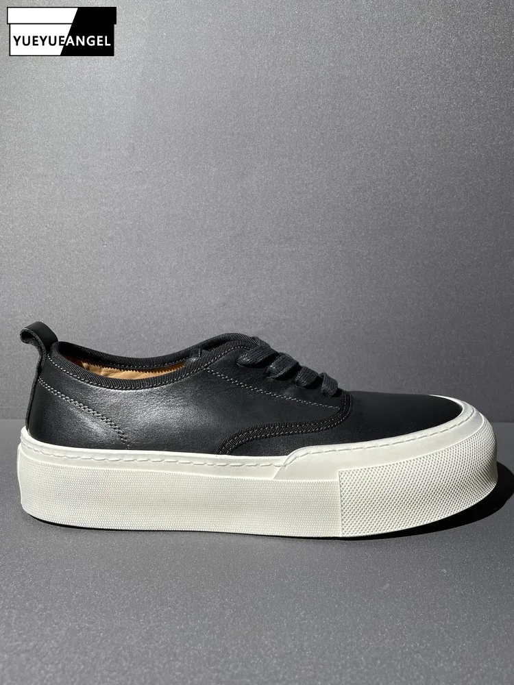 Men Horsehide Spliced Black Casual Shoes Autumn Retro Classic Low Cut Shoes Thick Platform Sneakers Round Toe Lace-Up Footwear