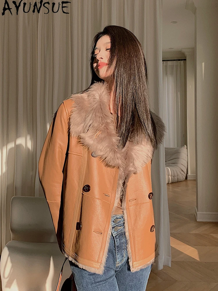AYUNSUE 2025 New Shearling Jacket Woman 100% Natural Wool Jackets for Woman Clothes Short Fahsion Fur Jacket Ropa Para Mujer