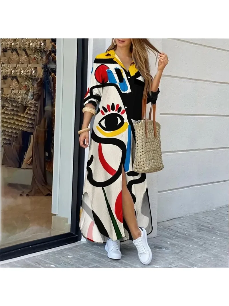 Women\'s Long Sleeved Printed and Ankle Skirt Casual Commuting Long Skirt Spring and Autumn Lapel Button A-line Skirt