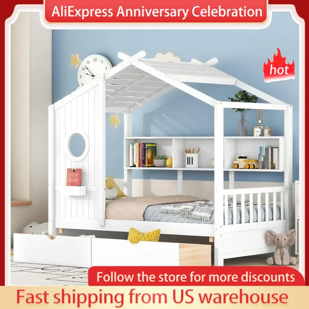 Twin House Bed with Storage Drawers & Bookcase,Twin Platform Frame with Rails & Roof, Solid Wood Bed for Kids Teens Girls Boy