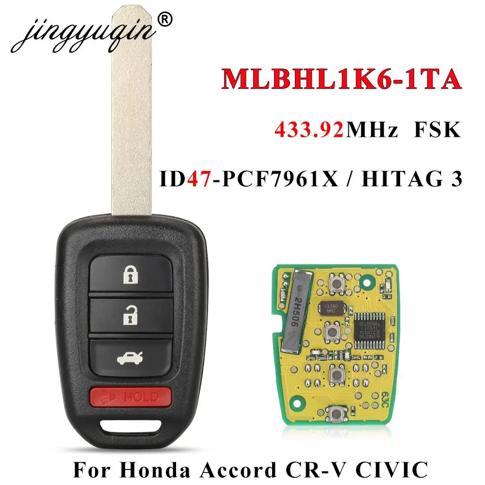 

jingyuqin 4Buttons Key Head Remote FOB 433.92MHz ID47 for HONDA ACCORD 2016-2017 CIVIC 2016-2019 CR-V MLBHL1K6-1TA 35118-T2A-A60