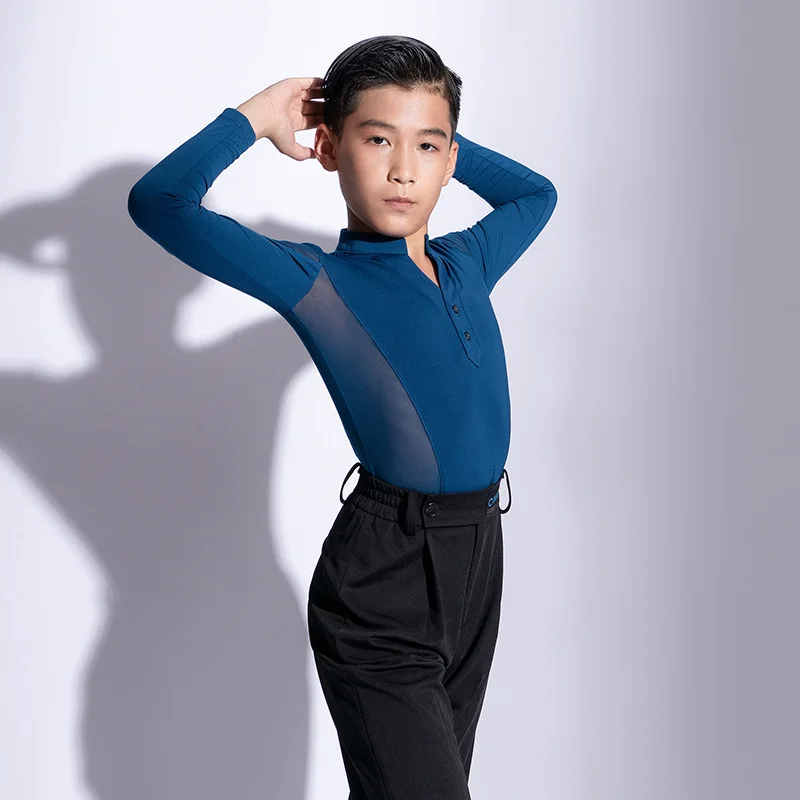 

Kids Boys Latin Dance Clothes Mesh Long Sleeve Male Professional Latino Dance Competition Tops Ballroom Dancewear