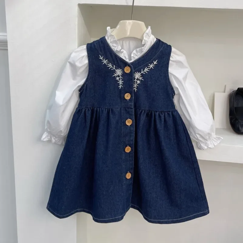 

24 Baby Girls Fashion Clothing Set Tops Shirts Blouses+Embroidery Denim Dresses Elegant Kids Children Spring Autumn 2pc Clothes