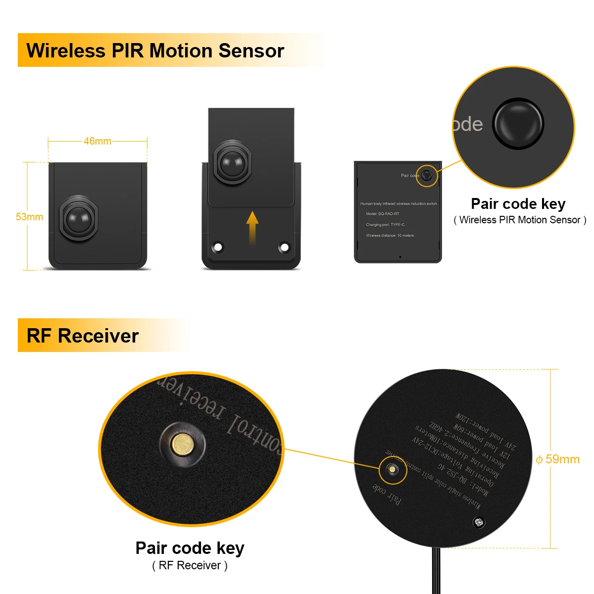 Wireless PIR Motion Sensor Switch & Receiver Set for LED Lights Joint Use Multiple Pieces Compatible with DC12V-24V Lamps