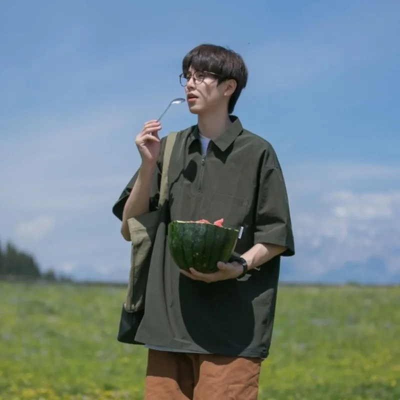 

Мужская рабочая рубашка с коротким рукавом в японском стиле, стильный комплект из двух предметов с поло, новый летний наряд