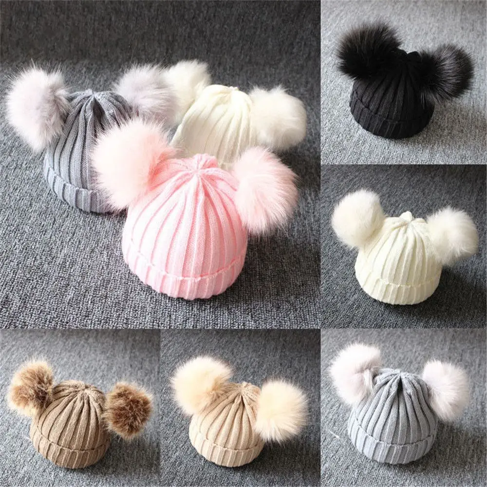 

Winter Cute Pom Kids Knitted Hat Warm Bobble Hat Baby Beanie Cap