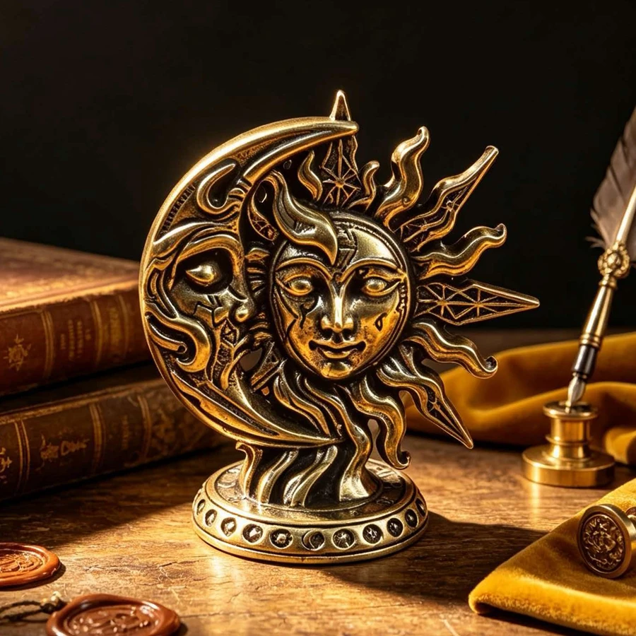 Vintage Distressed Sun and Moon Face Desktop Decoration Ornament, Brass Texture Sun and Moon Coexistence 3D Sculpture, Sun and Moon with Star Relief Base Art Craft, Study Desk Decoration, Vintage Bohemian Home Decor, Creative Exquisite Gift for Holidays and Birthdays