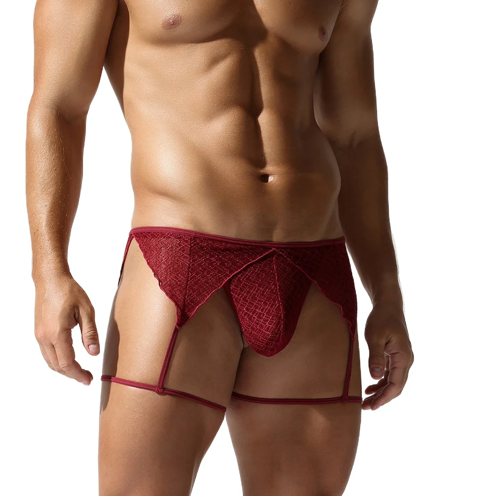 2PCS Men Lace Briefs  Garter Jockstrap See Through Low Waist UnderwearThongs Gay Sissy Panties Slip Homme Sheer Underpants 2XL