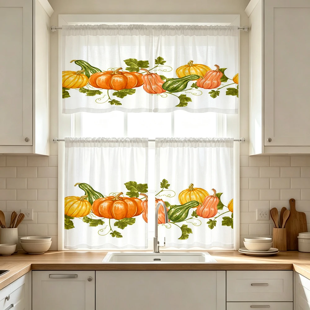 Thanksgiving Fall Kitchen Curtains, Pumpkin Vine Stripe, Digital Print, Kitchen Dining Room, Rod Pocket Polyester, Home Decor