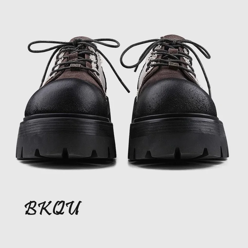 BKQU 2024 New Thick Soled Big Head Derby Men\'s 7CM Height Increase Melard Style Commuter American Work Shoes