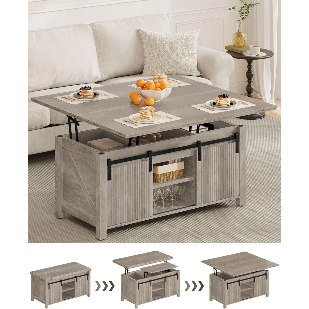 Bevorzugter Couchtisch mit Liftplatte, 4-in-1 vielseitiger Couchtisch, umwandelbare Bauernhaus-Couchtische, mit versteckten Fächern, w