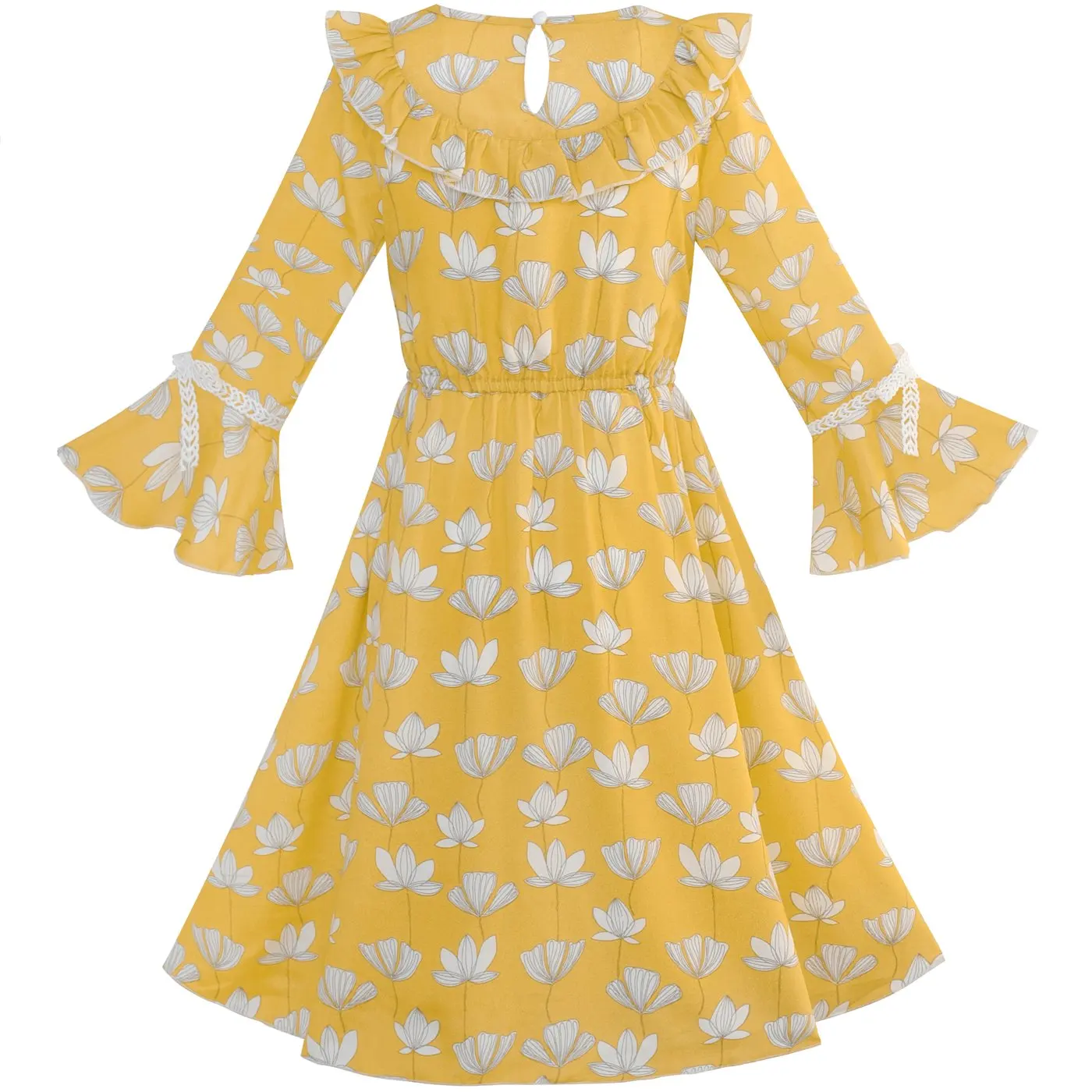 Girls Dress Chiffon Bell Sleeve Floral Elegant Dress