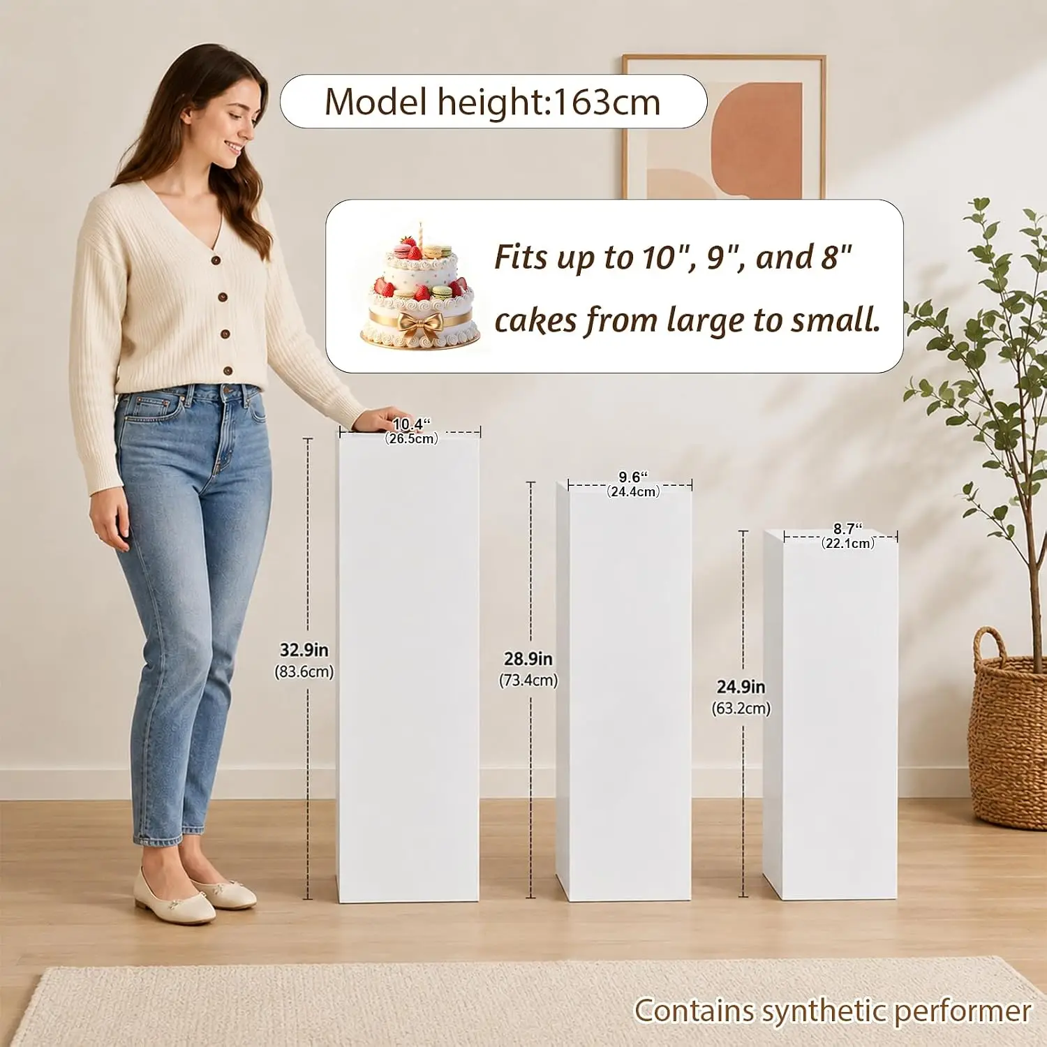 3 Pcs White Metal Display Pedestal Stands, Square Tall Cake Stand Pillars for Party & Wedding, Sculpture Display Columns, Column Decoration