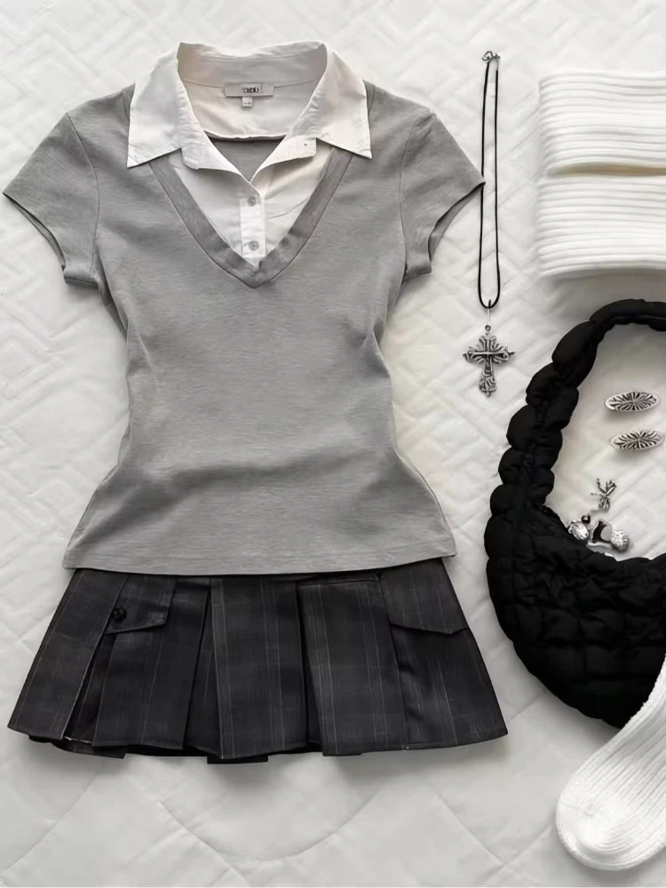 Women Fake Two‑Piece Polo V Neck T‑Shirt Contrast Collar Short Cap Sleeve Slim Fit Stretchy Knit Preppy Casual Ladies Tops