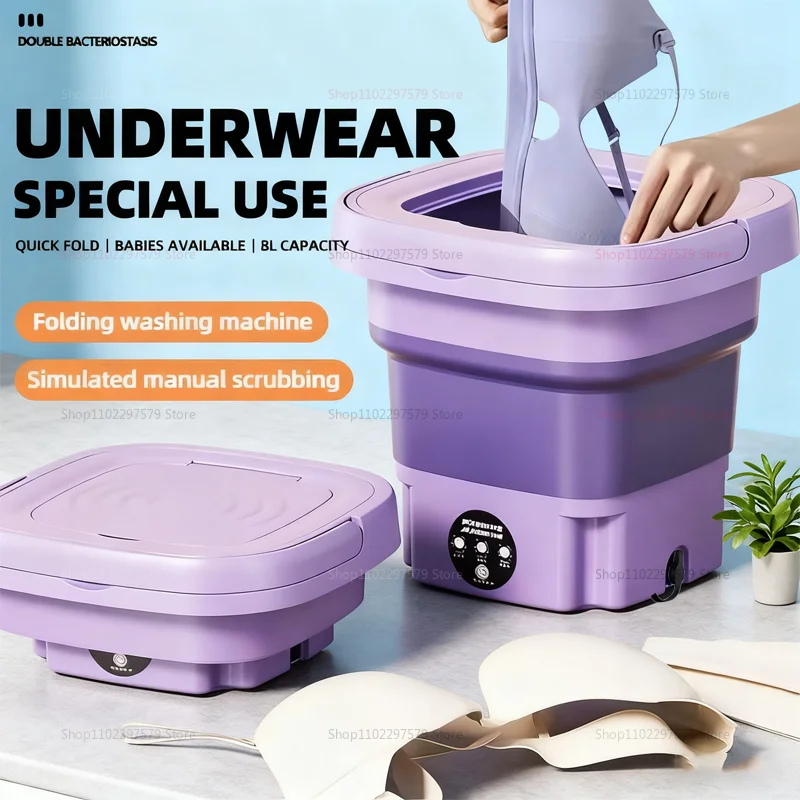 Lavadora plegable portátil de 8L con manguera de drenaje, Mini lavadora completamente automática para calcetines, ropa interior, viaje, Camping, dormitorio