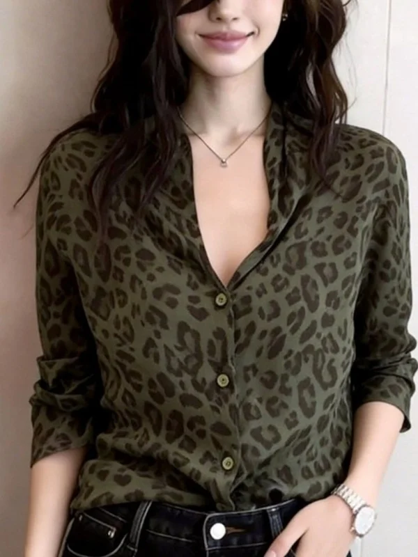 Elegant Long Sleeve Women's Shirt Spring 2026 Fashion Design Casual Loose Fit White Enhancing Leopard Print Button up Cardigan view 5